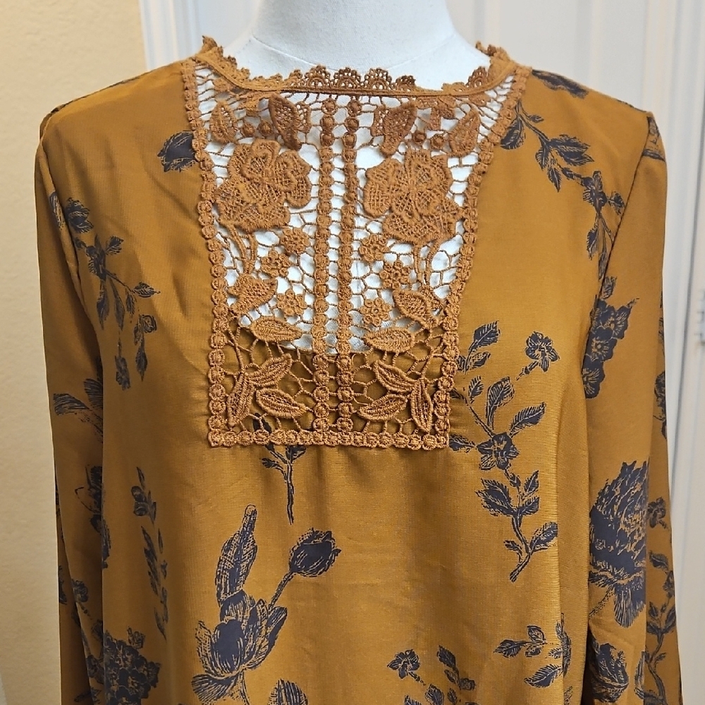 Altar'd State Golden and Blue Floral Long Sleeve Boho Dress with Crotchet Detail - Picture 3 of 8